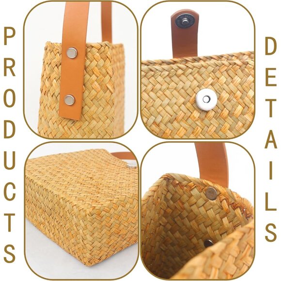Yellow Straw Beach Tote Bag for Women, Natural Woven Handbag Small Summer Purse - Picture 3 of 7